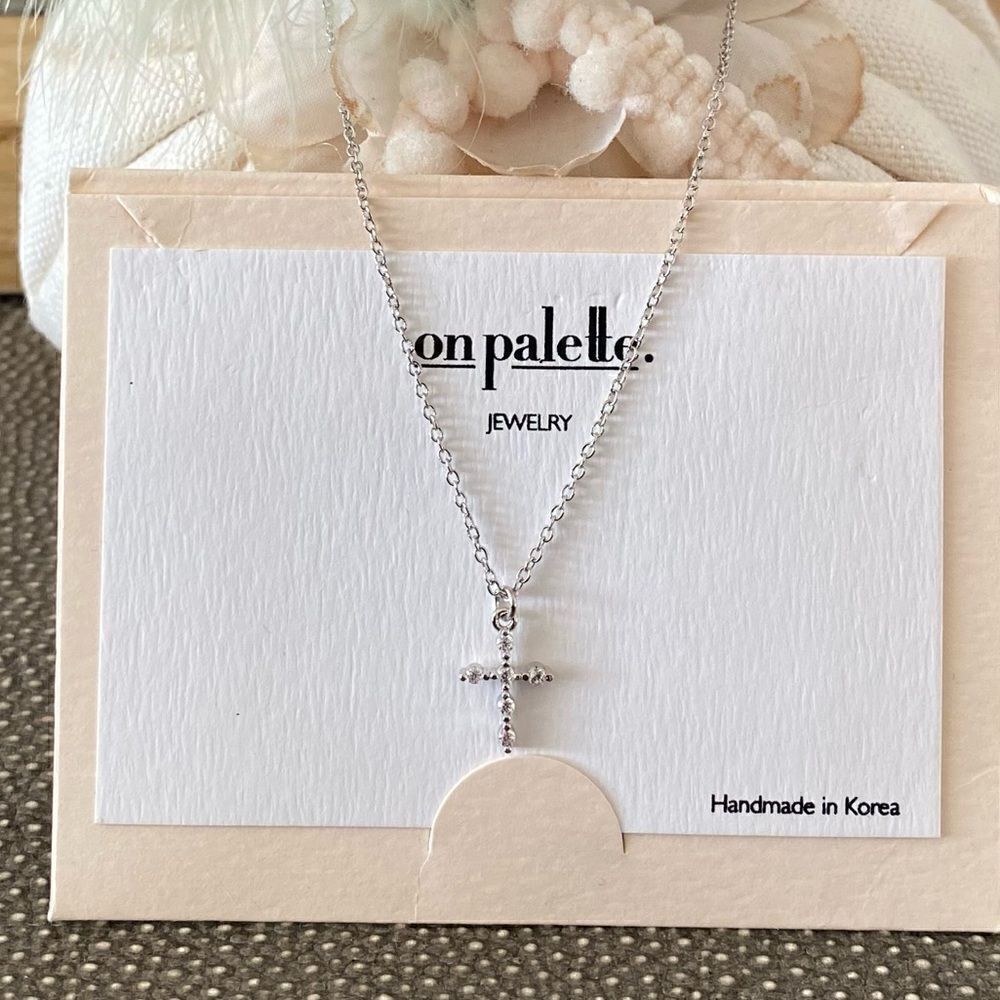 On Palette Delicate Silver Toned Cross Necklace with Rhinestone. NWT